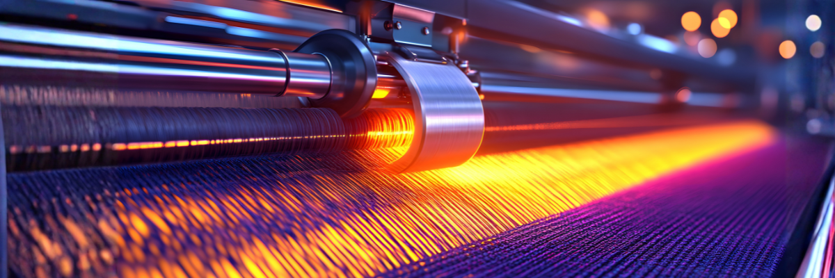 Close-Up of Modern Textile Machine Producing Vibrant Fabric with Detailed Machinery and Warm Orange Light in a High-Tech Manufacturing Environment