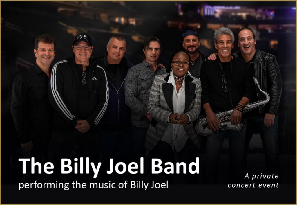 The Billy Joel Band performing the music of Billy Joel: A private concert event. Photograph of the eight members of The Billy Joel Band standing in a line one band member holding a silver saxophone